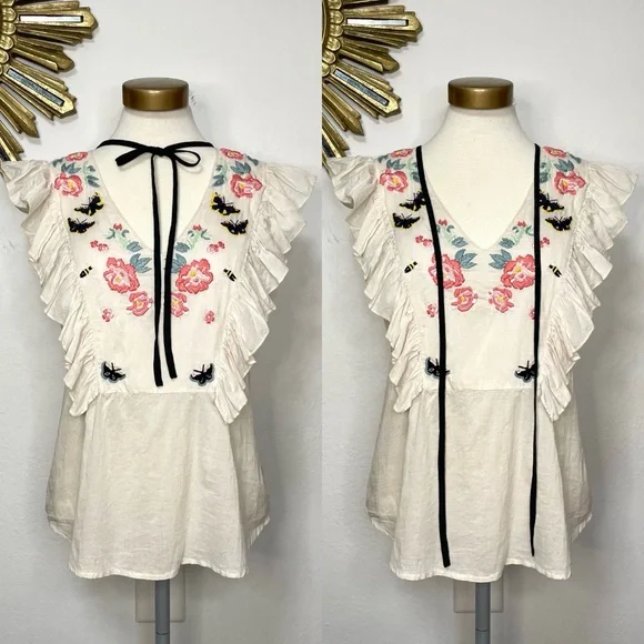 St. Roche Embroidered Floral Ruffle Sleeveless Top - Picture 1 of 14